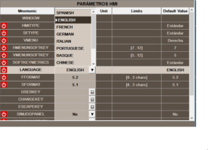 Vista dei parametri macchina per selezionare la lingua simulatore CNC fagor